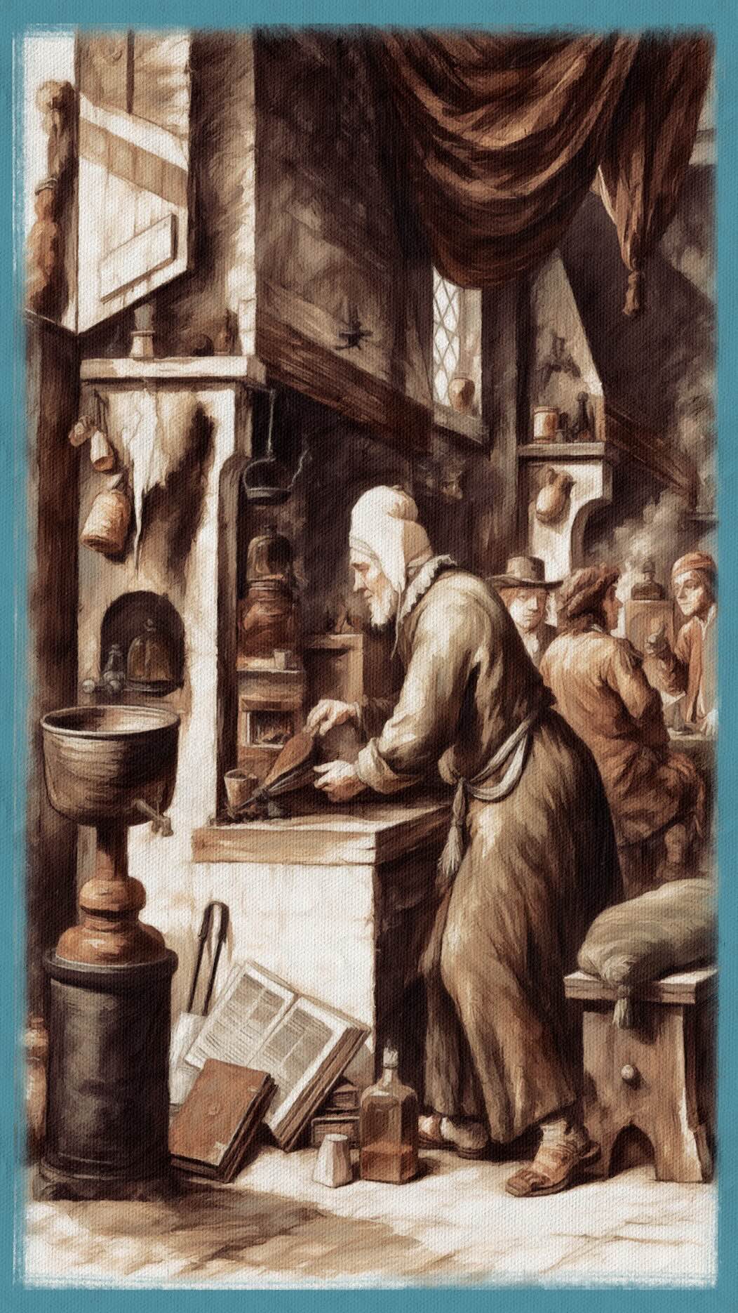 Alquimista trabajando entre libros, recipientes y preparados farmacéuticos
